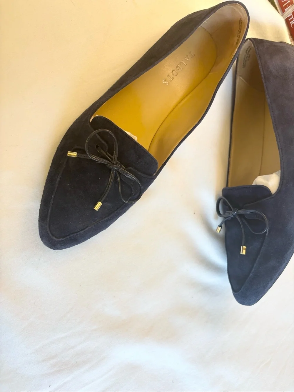 Talbots Navy Suede Pointed-Toe Loafers with Bow Accents